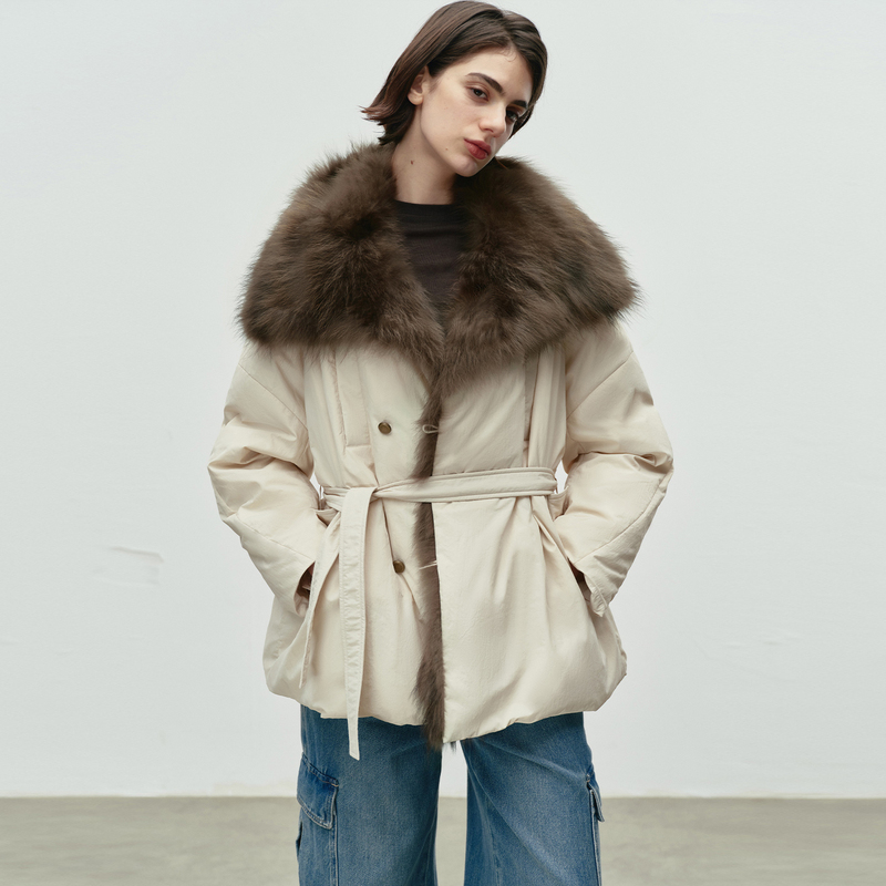 Fur Dyed Raccoon Fur Stand-Up Collar 90 White Goose down Parka Jacket for Women