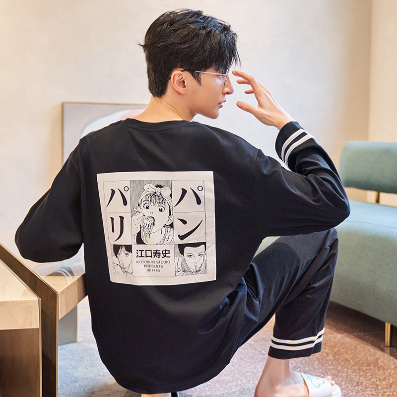 Pajamas men's spring and autumn pure cotton long sleeves teen cartoon all cotton thin autumn outer wear men's loungewear set