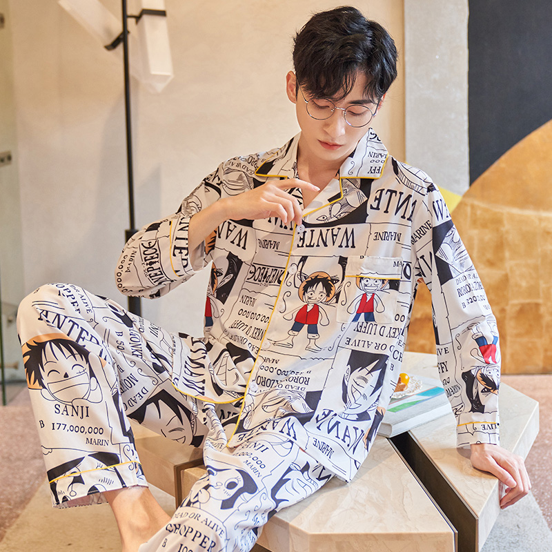 Pajamas Men's Ice Silk Spring and Autumn Long-sleeved Autumn Youth Cartoon Student Silk Summer Thin Homewear Set