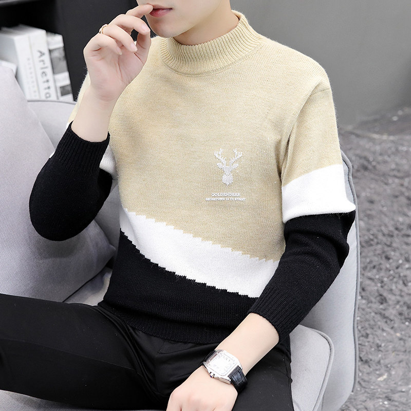 Semi-turtleneck sweater men's autumn and winter mid-collar knitted base shirt colorblock Korean slim trend men's interior