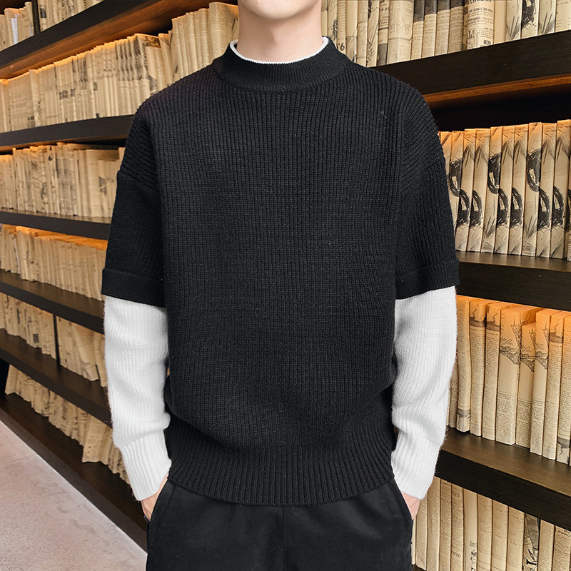 Men's sweater half high collar autumn and winter collar knitted base shirt fake two pieces Korean slim trend men's sanitary clothing