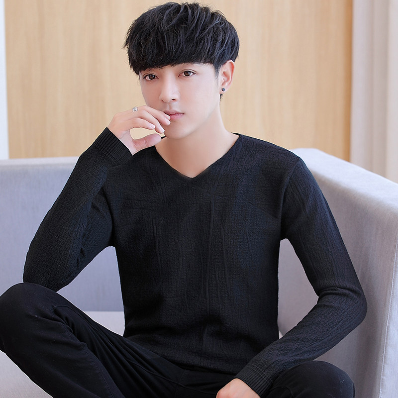 Autumn Winter Thin sweater men's V collar knit undershirt Korean version with pure color 100 lap trendy men's clothing line-Taobao