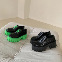 Pao Family Lacquer Leather High Heel Thick Bottom Lacing Leather Shoes Women Fall New Street Wind 100 Hitch Hiking Green Bottom Pine Pastry Shoes