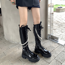 ABaojia pearl chain thick bottom though knee length boots female new cow lacquer leather comeback ancient handsome gas strap high cylinder boot