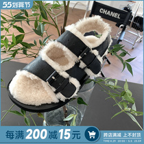 Net red explosive leather fur integrated thick bottom fur shoes women autumn winter outwear 2021 new flat-bottomed warm and velvety sandals