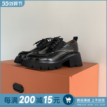 Albaos Home Rice Cake Thick Base Coarse Heel Small Leather Shoes Woman New Inlun Lacquer Leather Lacing Casual Heightening Derby Shoes