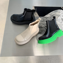 Pao Family Head Layer Cow Leather Thick Bottom Heightening Short Boots Woman Spring Autumn New Chelsea Boots Pine Pastry Green Bottom Short Barrel Single Boot