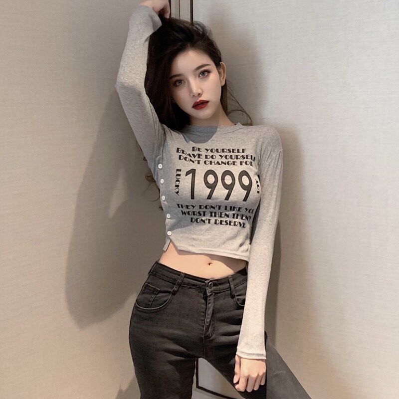 Vanya round-collar blouse in autumn and winter repair with short letter printing elastic long sleeve T-shirt