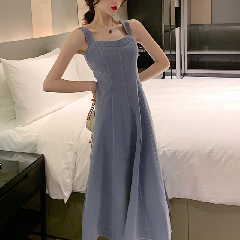 Fanya Korean version of the strapless collarbone French dress suspenders waist slimming one-shoulder sleeveless dress female summer