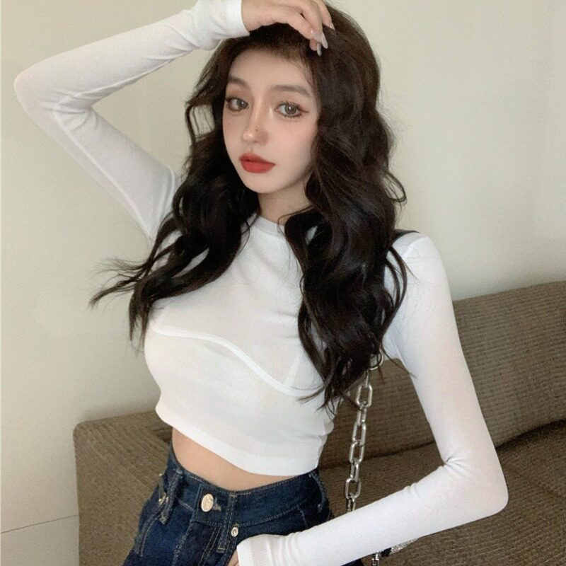 Vanya white knitting jersey and spring-autumn Han edition of short duty luff long sleeve T-shirt tide