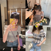 Zhang Beibei ibell 2021 new French floral short sleeve chiffon shirt women's retro square collar collarbone top trendy