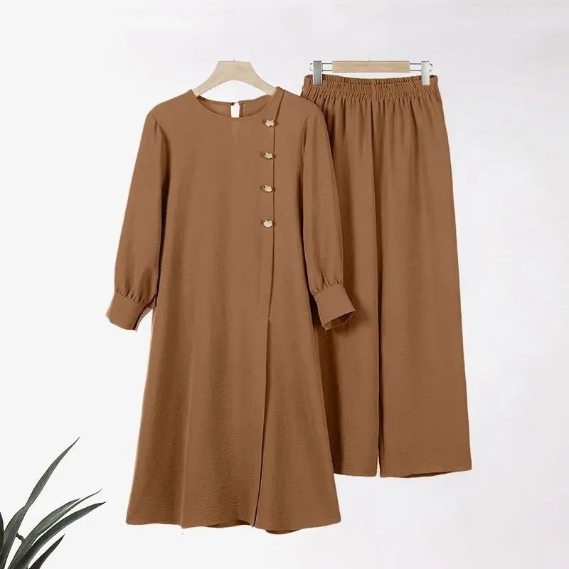 2024 Pakistani Women's Two-Piece Suit, Fashionable and Elegant, Solid Color Long Shirt Top, Wide-Leg Pants, Robe