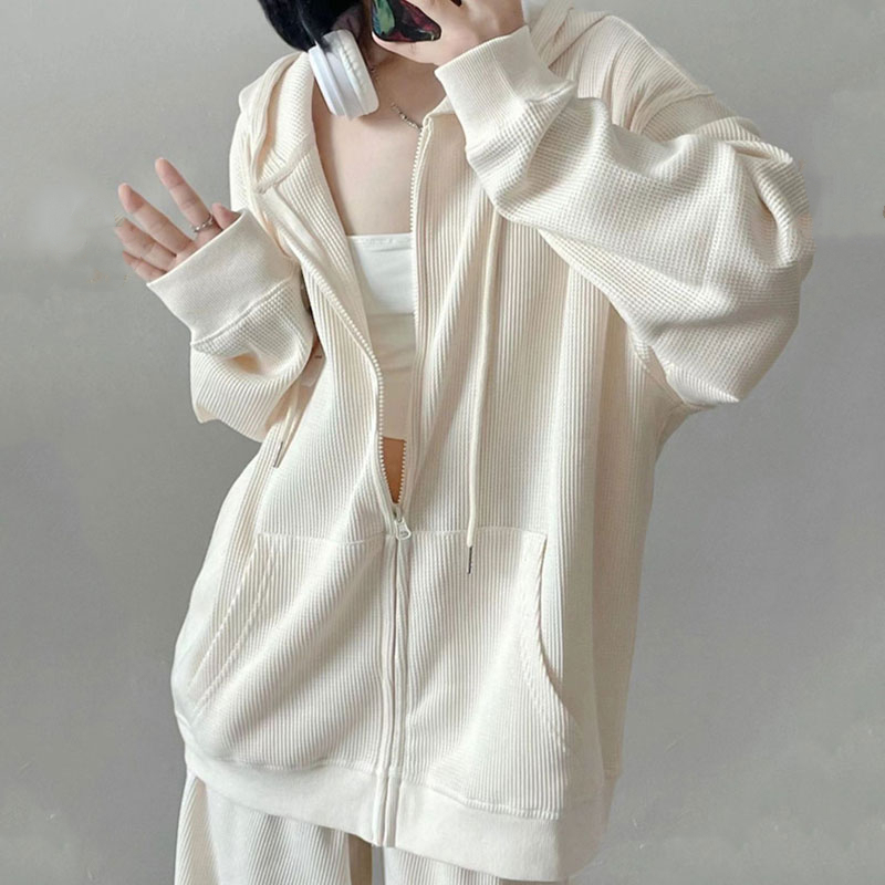Waffle Knit Hooded Sweatshirt for Women, Spring and Autumn, Oversized, Loose, Thin, Zip-Up Cardigan Jacket, Winter Fleece-Lined and Thickened