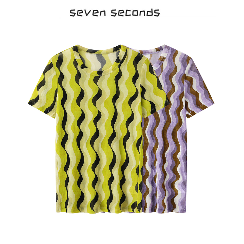 2026 Summer New Slim-Fit Skin-Tight Short-Sleeve T-Shirt for Women with Colorful Wave Pattern Print and Unique Design