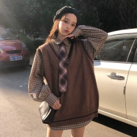 Phiên bản Hàn Quốc của ulzzang lỏng kẻ sọc retro áo sơ mi nữ + thư thêu áo len áo len phù hợp với đồ bộ