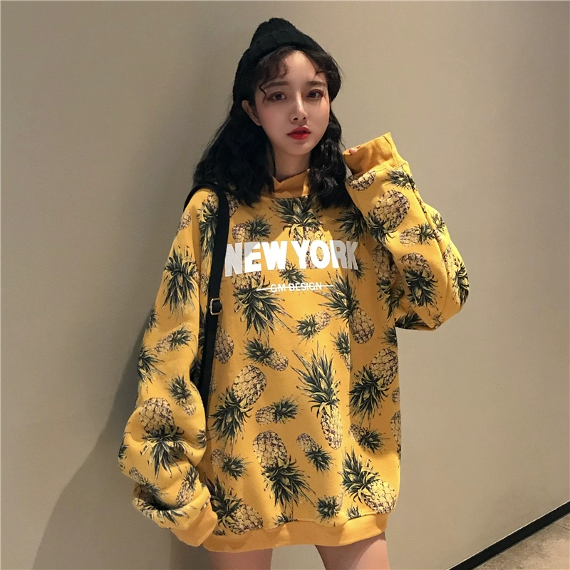 Áo len nữ Kawashima Sakura Phong cách Harajuku BF Korea lỏng ulzzang in họa tiết cổ điển cộng với áo khoác nhung trùm đầu áo khoác mùa đông nữ