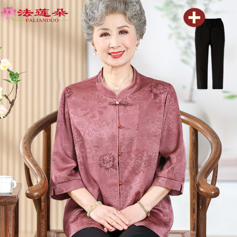 Grandma's Summer Three-Quarter Sleeve Shirt Suit, Elderly Women's Mother's Clothing, Spring and Summer Plus-Size Tops, Old Lady's Shirt