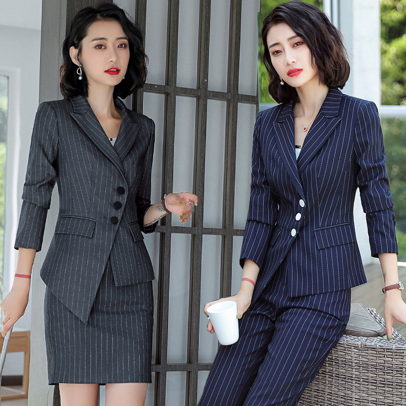 Autumn and winter new fashion striped suit suit Two sets of work clothes Temperament White Collar Beautician workwear sashimi