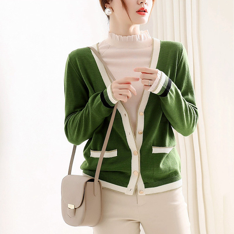 Fall wool outlap cardiovert woman long sleeve 2019 new hit color temperament Han version Body Fashion Knitted Jacket Woman