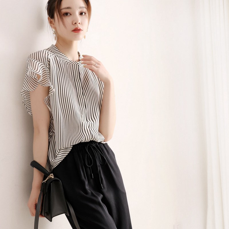 Snowspun Striped Shirt Woman 2022 Summer New Temperament Ladies collar Lotus Leaf Cuff Round Collar Display Slim Short Sleeve Shirt