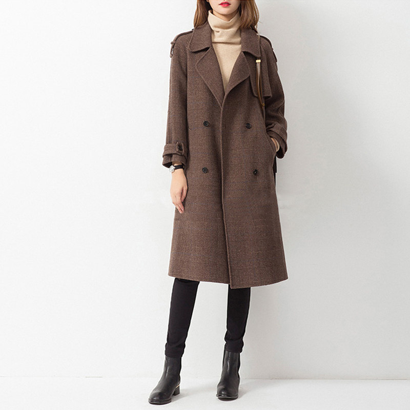 Double-sided woolen coat women 2021 Winter temperament slim long knee slim fashion plaid wool coat