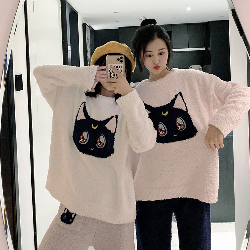 Sailor Moon Soft and Thick Pajamas for Women, Winter Set, Cute Luna Cat Coral Velvet Autumn and Winter Home Clothes