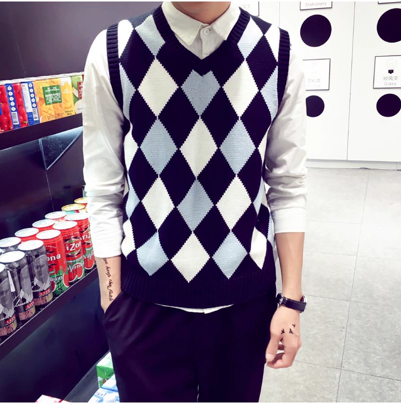 Áo len nam mùa thu và áo len không tay áo len cổ chữ V áo len nam áo len vest vest vest vest phiên bản Hàn Quốc áo vest nam body