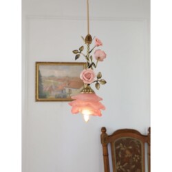 Apeal French-Style All-Copper Bedside Pendant Light with Pink Ceramic Flower Design, Suitable for Hallways, Bar Counters, and Vintage Dining Rooms