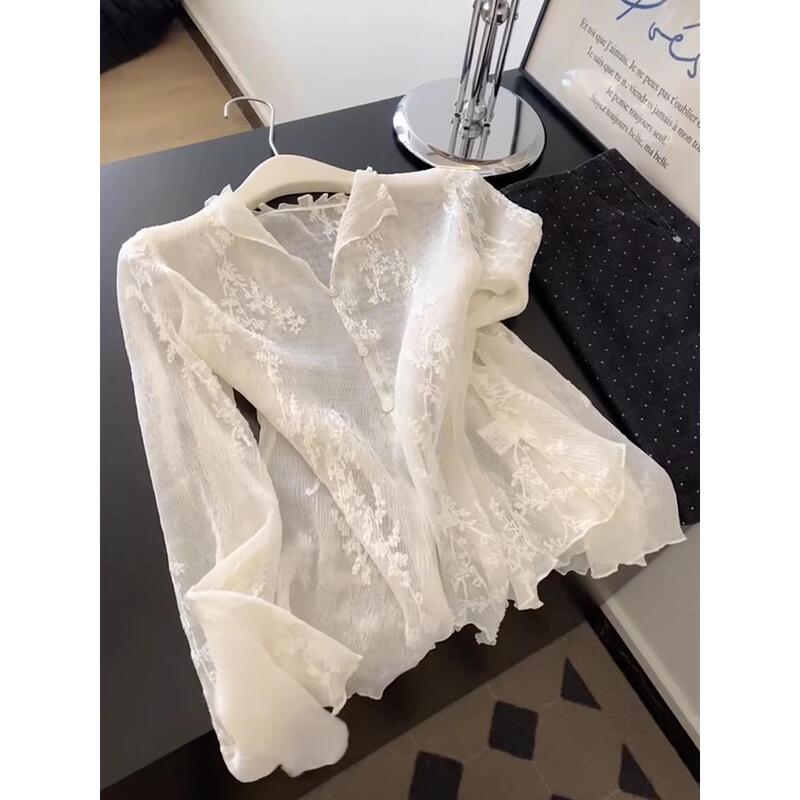 Chao Ya Ya Lumiera Embroidered Lace Trim Shirt for Women, Spring New Crochet Hollow Design Top, Trendy