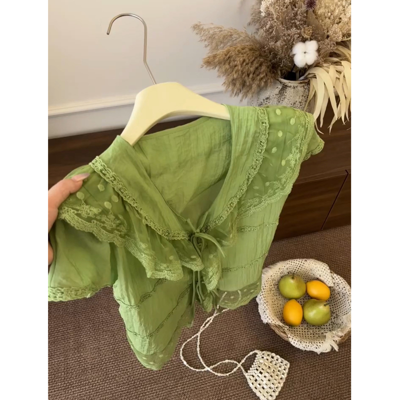 Chao Ya Ya Lumiera Green Lace-Trimmed Short-Sleeve Shirt for Women, Summer Tie-Up, Age-Reducing, Versatile, Slimming Top Chao Ya Ya Lumiera Green Lace-Trimmed Short-Sleeve Shirt for Women, Summer Tie-Up, Age-Reducing, Versatile, Slimming Top