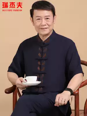 Linen Tang suit men's suit Middle-aged and elderly short-sleeved lay clothes Chinese plate buckle cotton and linen Han clothes Large size dad summer clothes