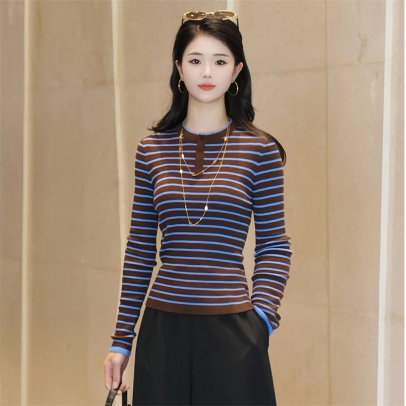 Amash Women's Authentic 2026 Autumn and Winter New Half-Open Collar Striped Wool Base Knit Sweater 138156 Amash Women's Authentic 2026 Autumn and Winter New Half-Open Collar Striped Wool Base Knit Sweater 138156