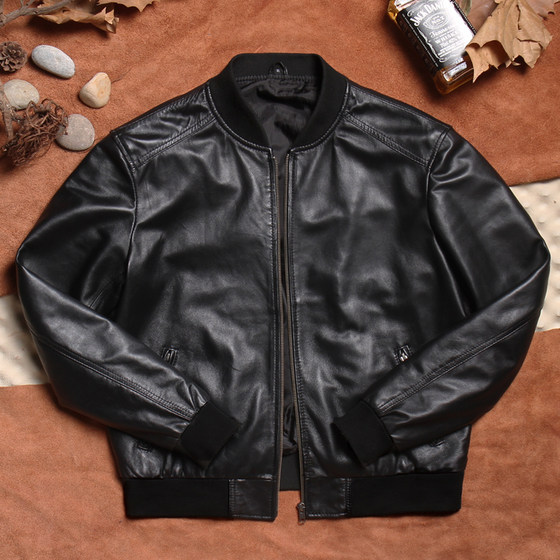 New cotton Haining genuine leather jacket for men, first-layer cowhide baseball jacket, motorcycle jacket, thin jacket, sheepskin