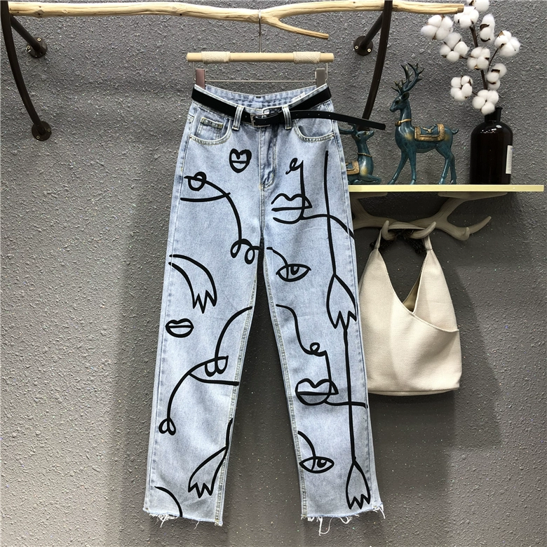 Spring Summer Washed Jeans Women Fashion irregular Print High waist Jeans Loose Casual Straight Jeans Female Long Trousers straight leg jeans