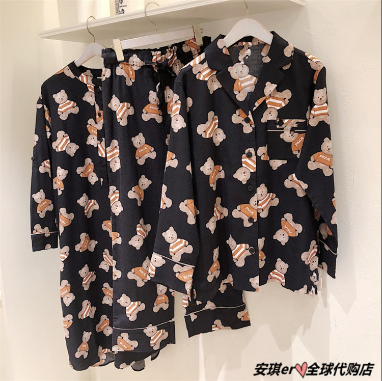 Japan Gp Fall Pure Cotton Small Bear Couple Pyjamas Woman Thin style Pure Cotton Casual Long Sleeve Long Pants Home Clothing