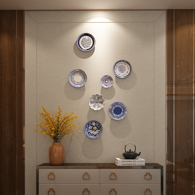 New Chinese classical green - flower ceramic plate Hotel restaurant wall decoration plate background wall decoration plate creative hanging