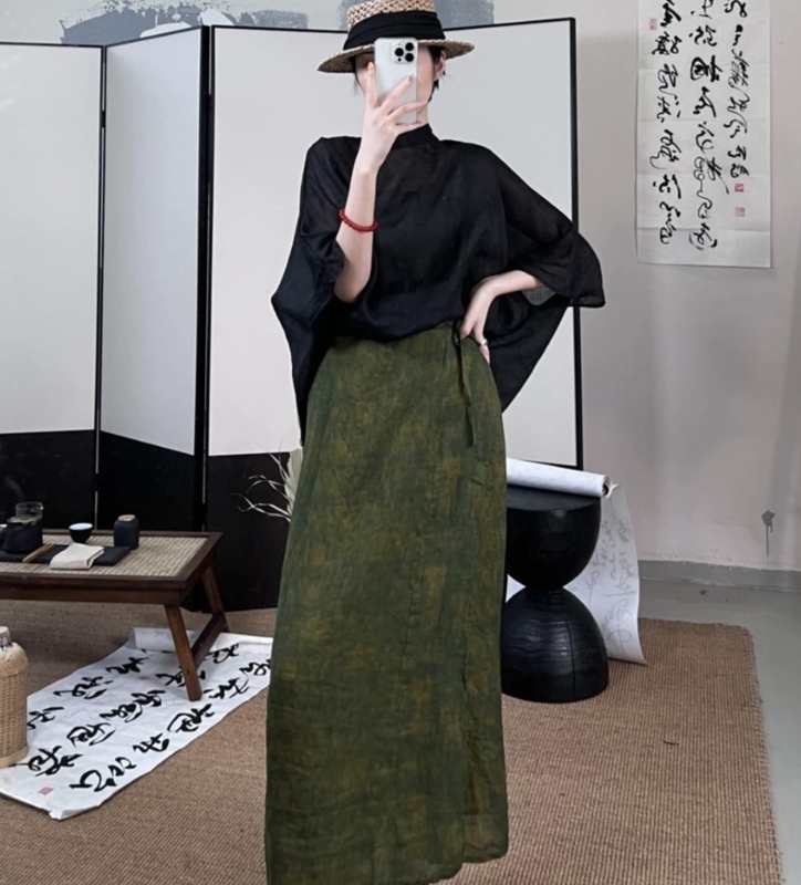 New Artistic Retro Niche Design Ramie Digital Print One-Piece Lace-Up Wrap Skirt Half Skirt