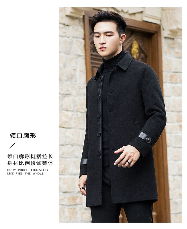 Áo khoác len nam 2019 mùa thu và mùa đông Áo khoác len mới giữa áo choàng dài bằng len không cashmere - Áo len
