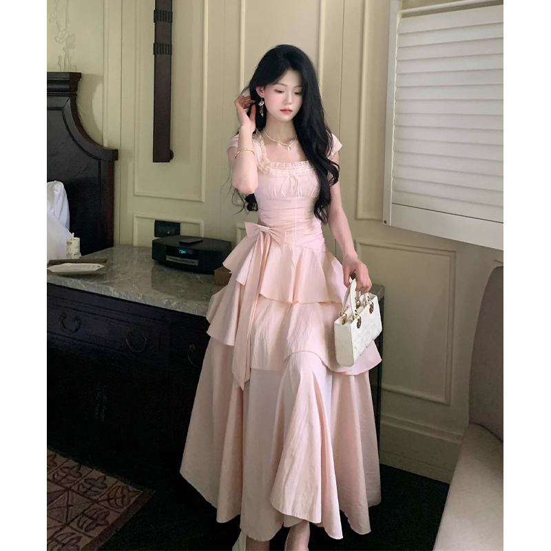 Sweet and Gentle Style Square-Neck Bow Dress, Summer Girly Elegant Temperament, Irregular Cake Long Skirt