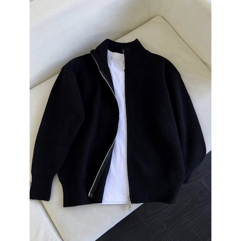 Autumn and Winter Cleanfit Black Zipper Sweater Men's Cardigan Lazy Style Jacket Stand Collar Knitwear Jacket