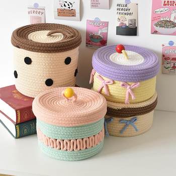 Xinjiang free shipping home furnishings with lids and debris storage basket desktop storage box ins hand-woven storage basket cotton rope lying