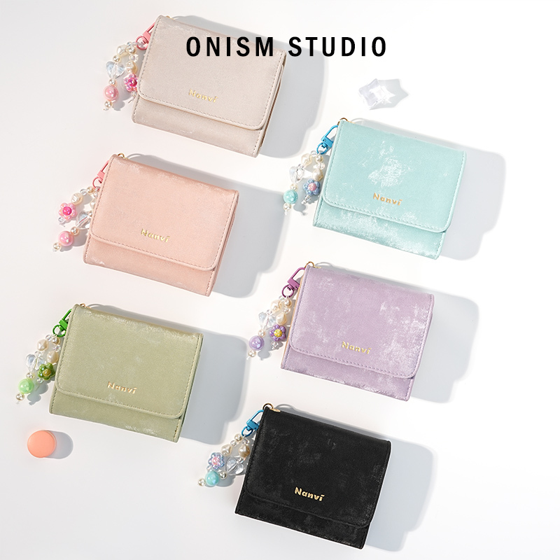 Onism.Studio Wallet for Women 2025 New Model with Pendant, Solid Color Storage Clutch, Three-Layer Coin Purse and Card Holder
