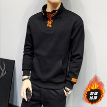 Plus velvet clothes mens tide ins high collar jacket Korean trend handsome autumn and winter casual embroidery mens clothing