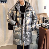Boys bright cotton-padded clothes male long coat winter trend Korean hooded metal-like cotton-padded jacket in winter