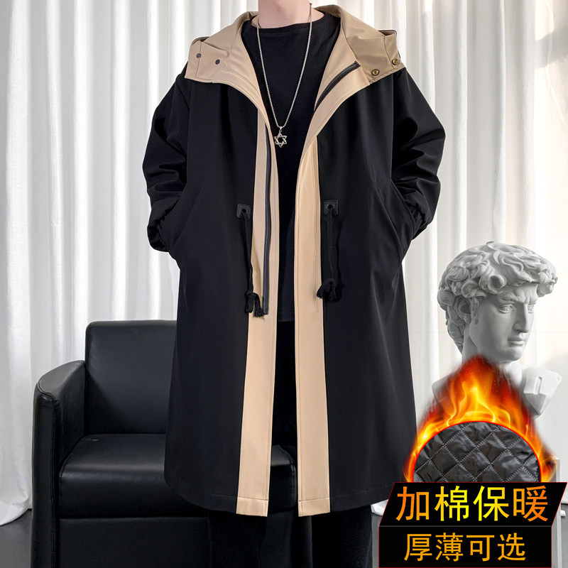 Black trench coat men's mid-length men's spring and autumn coat autumn sense of high-end drape British style long coat
