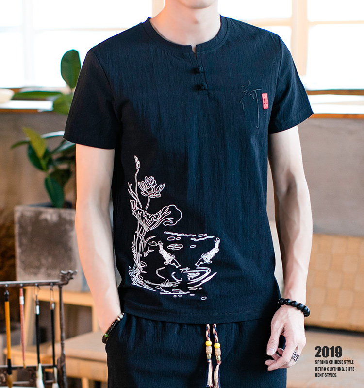 Phong cách Trung Quốc ngắn tay nam mùa hè cotton và lanh phù hợp với Trung Quốc in retro Tang phù hợp với áo thun lanh quần short hai mảnh - Áo phông dài áo thun nam hàng hiệu