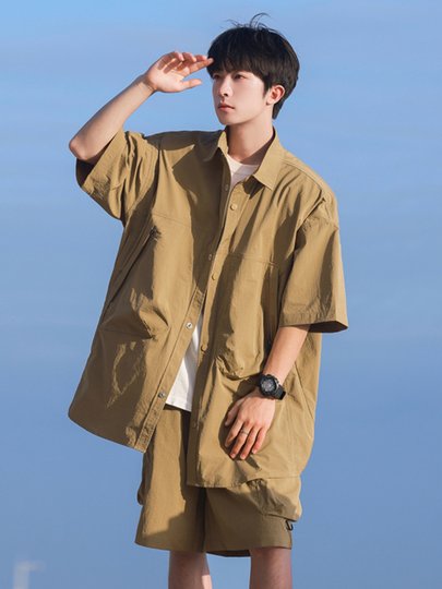 Men's Summer Thin and Breathable Two-Piece Set with Shorts, American Retro Trendy Brand, Loose Lapel Short-Sleeved Shirt
