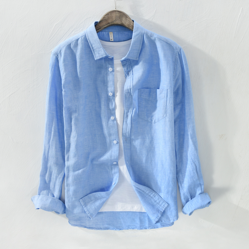 Blue Linen Shirt Men's Long-Sleeved 2026 New Spring Casual Loose Shirt Jacket Men's Cotton and Linen Top