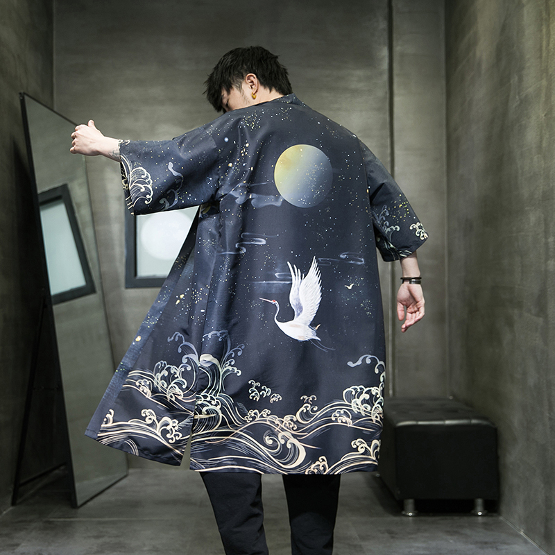 Chinese Tang Suit Hanfu Men's Mid-Length Crane Robe Ancient Style Sun Protection Clothing Kimono Cardigan Feather Jacket Cloak
