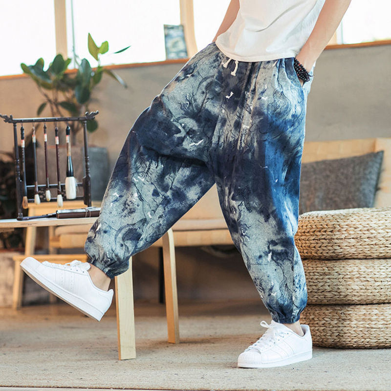 Chinese Style Casual Pants for Men, Summer Thin Jogger Harem Pants, Loose Fit for Plus-Size, Nine-Point Pants with Print, Trendy Carrot Pants Chinese Style Casual Pants for Men, Summer Thin Jogger Harem Pants, Loose Fit for Plus-Size, Nine-Point Pants with Print, Trendy Carrot Pants